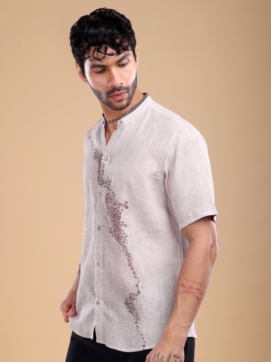 Light Purple Pure Linen Shirt with Artistic Dot Flow Print & Band Collar - CLOHI