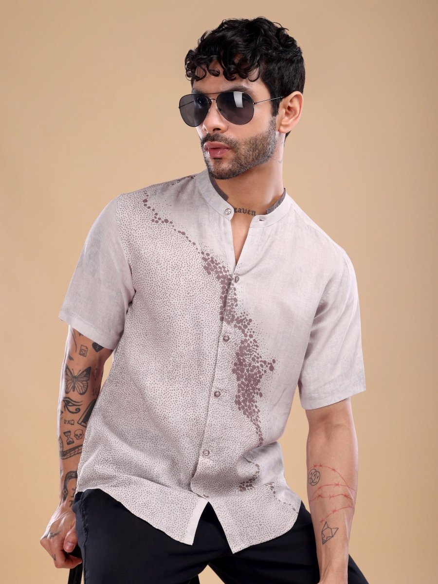 Light Purple Pure Linen Shirt with Artistic Dot Flow Print & Band Collar - CLOHI