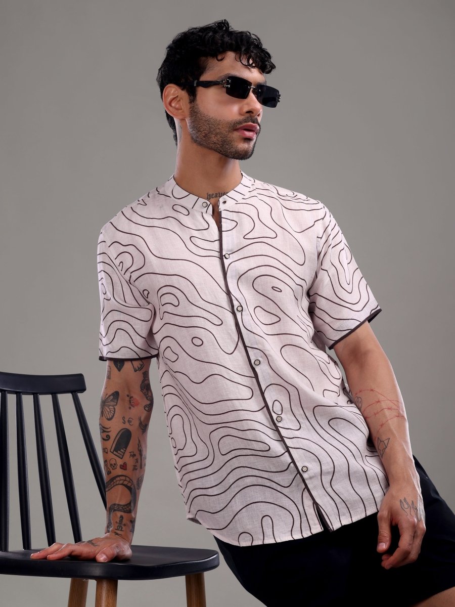 Light Taupe Abstract Contour Print Pure Linen Short Shirt - CLOHI