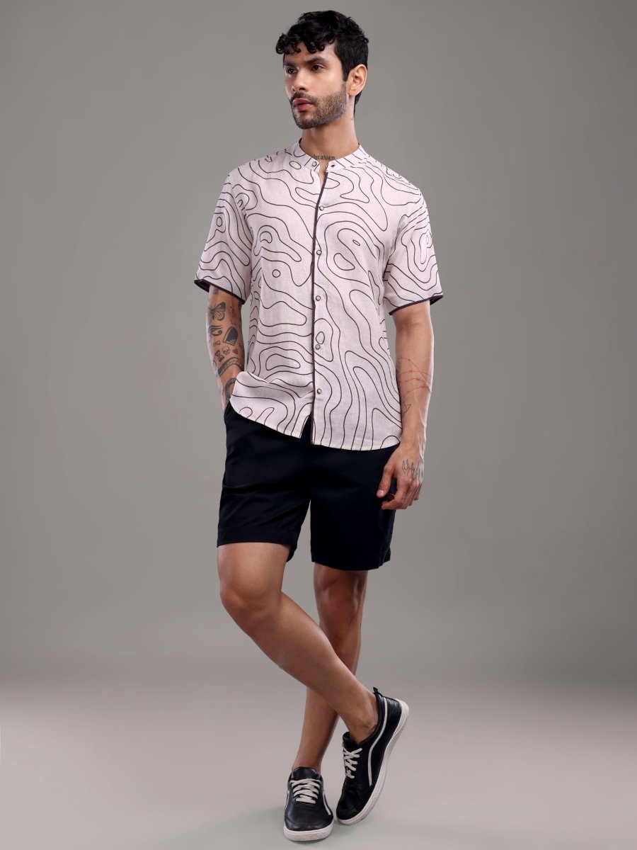 Light Taupe Abstract Contour Print Pure Linen Short Shirt - CLOHI
