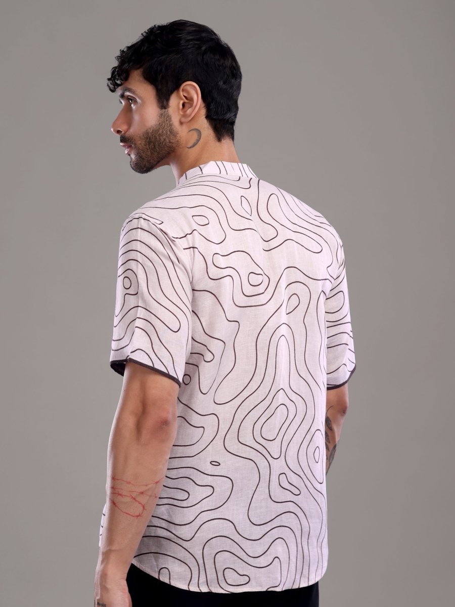 Light Taupe Abstract Contour Print Pure Linen Short Shirt - CLOHI