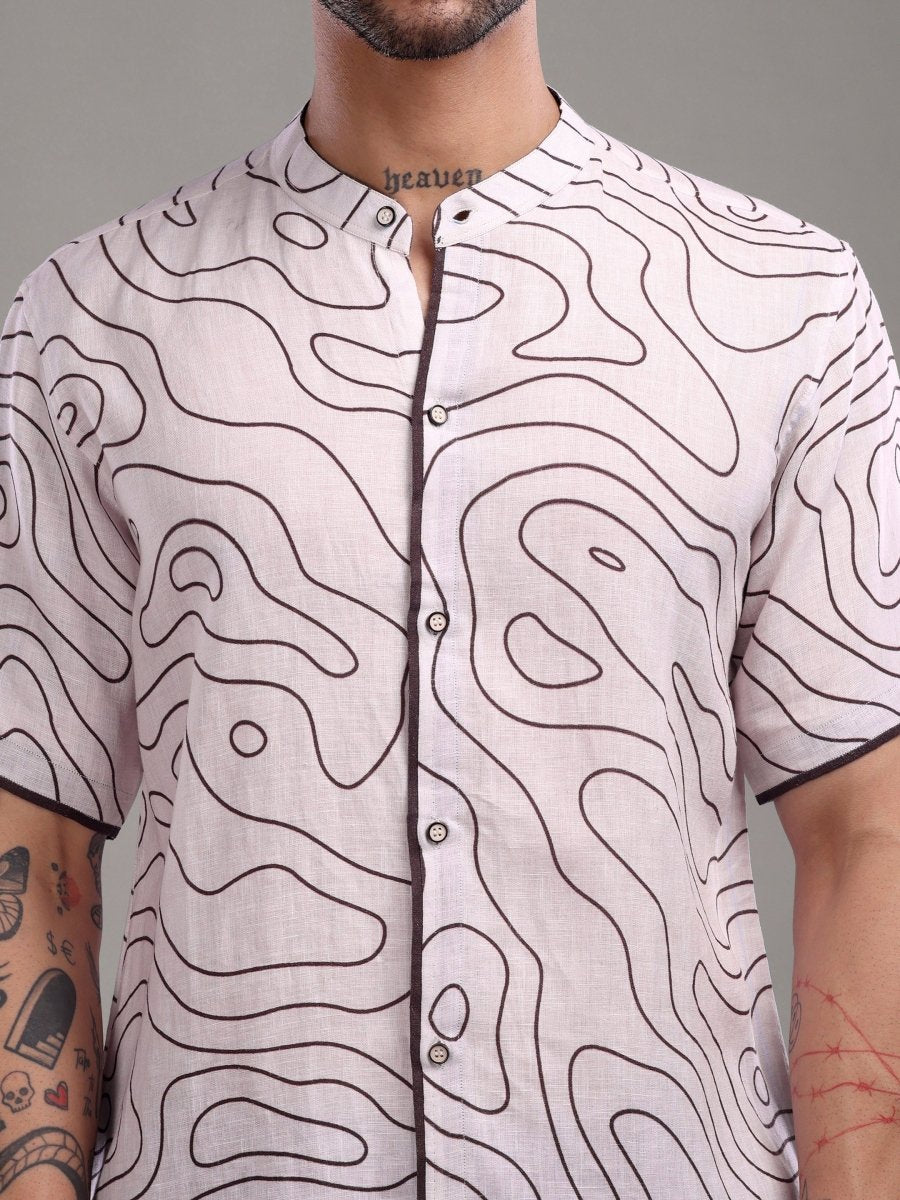 Light Taupe Abstract Contour Print Pure Linen Short Shirt - CLOHI