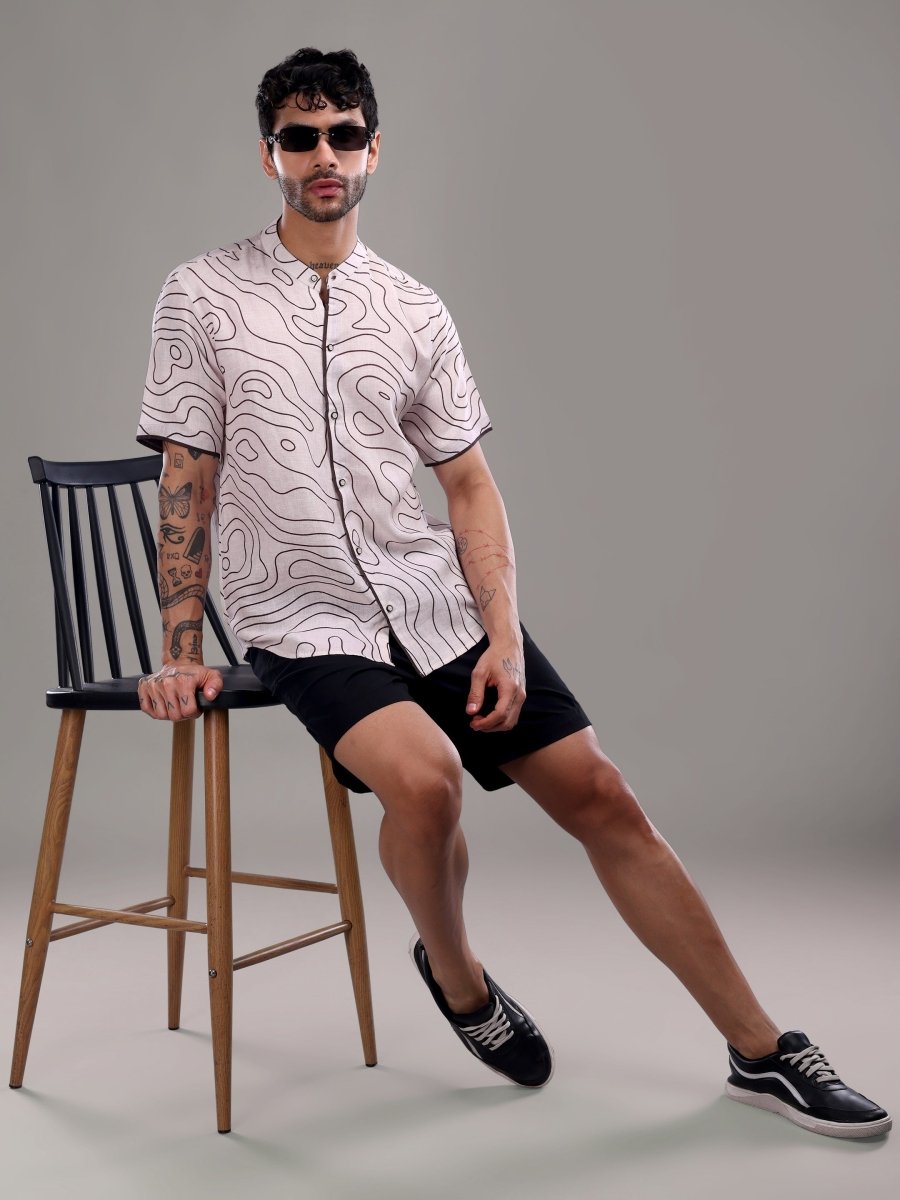 Light Taupe Abstract Contour Print Pure Linen Short Shirt - CLOHI