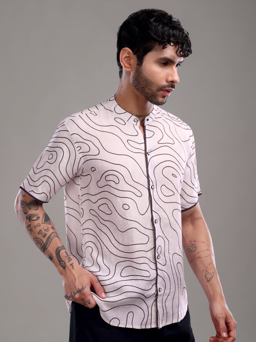 Light Taupe Abstract Contour Print Pure Linen Short Shirt - CLOHI