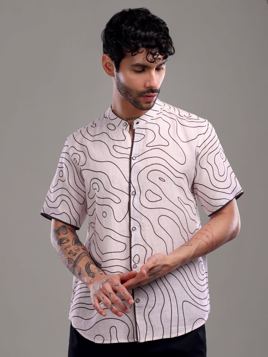 Light Taupe Abstract Contour Print Pure Linen Short Shirt - CLOHI