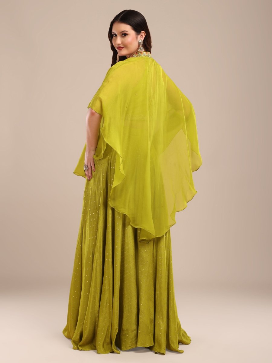 Lime Green Embroidered Indo - Western Palazzo Set with Cape - CLOHI