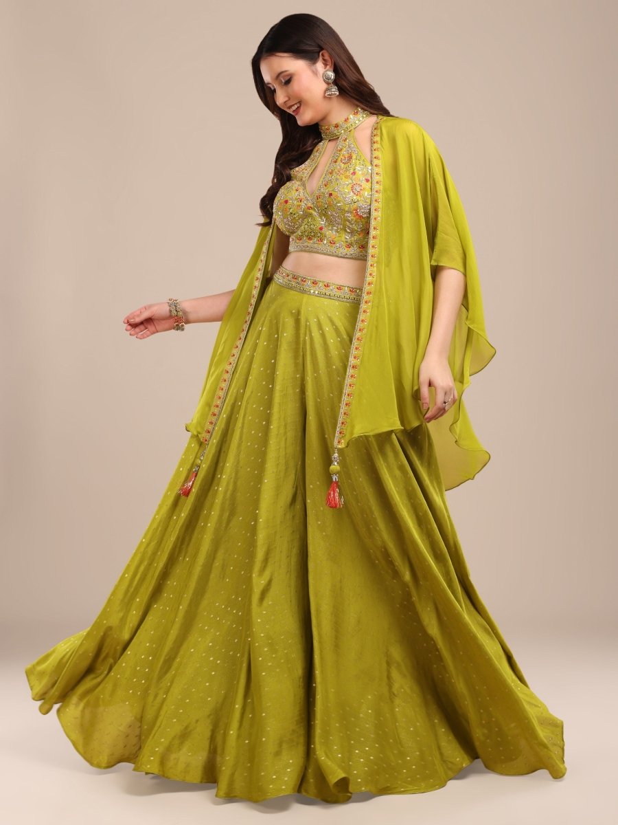 Lime Green Embroidered Indo - Western Palazzo Set with Cape - CLOHI