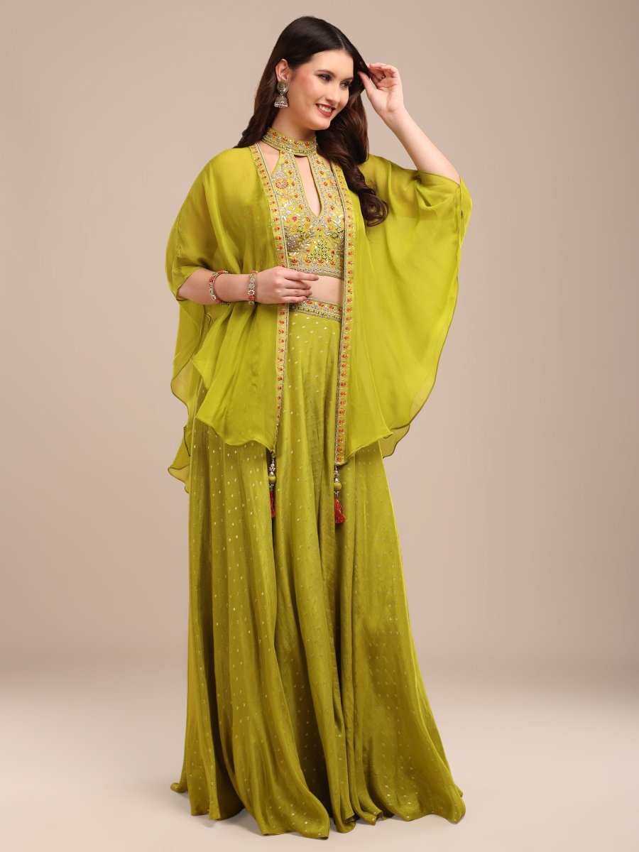 Lime Green Embroidered Indo - Western Palazzo Set with Cape - CLOHI