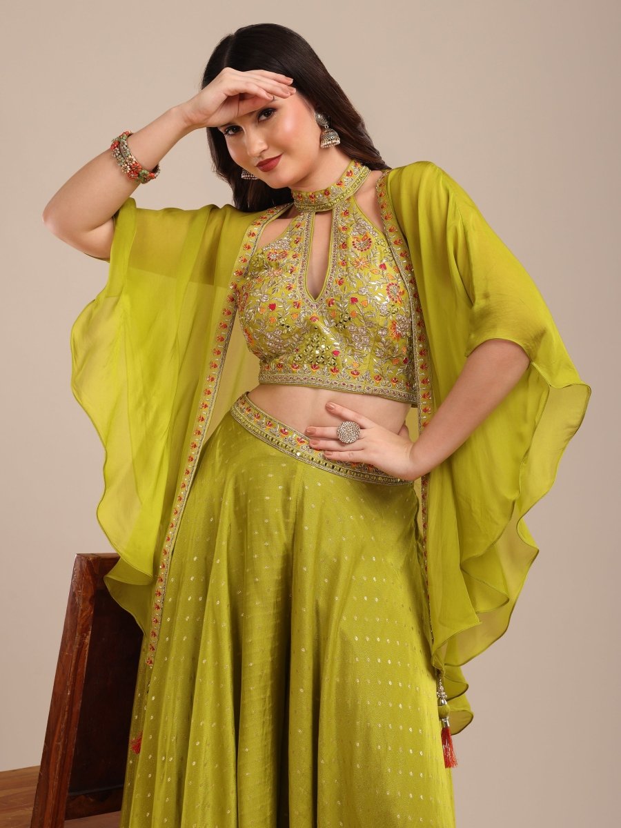 Lime Green Embroidered Indo - Western Palazzo Set with Cape - CLOHI