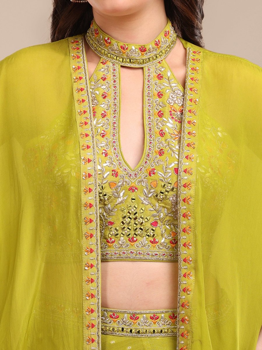 Lime Green Embroidered Indo - Western Palazzo Set with Cape - CLOHI