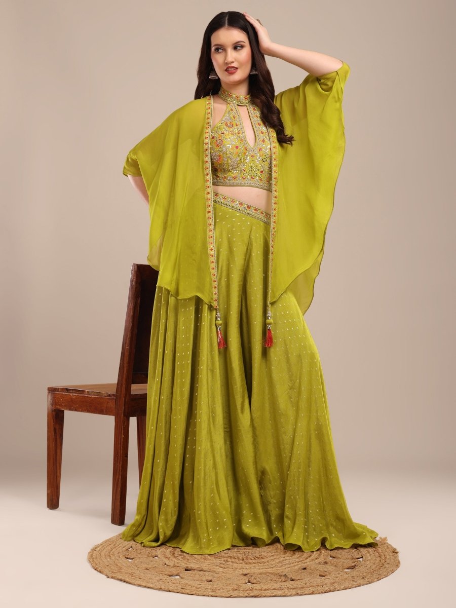 Lime Green Embroidered Indo - Western Palazzo Set with Cape - CLOHI