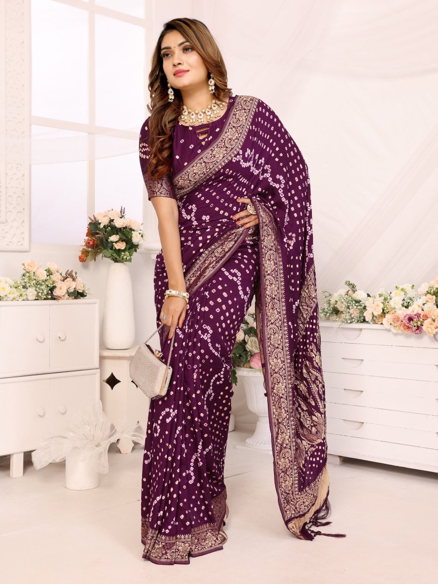 Magenta Bandhani Saree with Floral & Paisley Zari Weaving - CLOHI