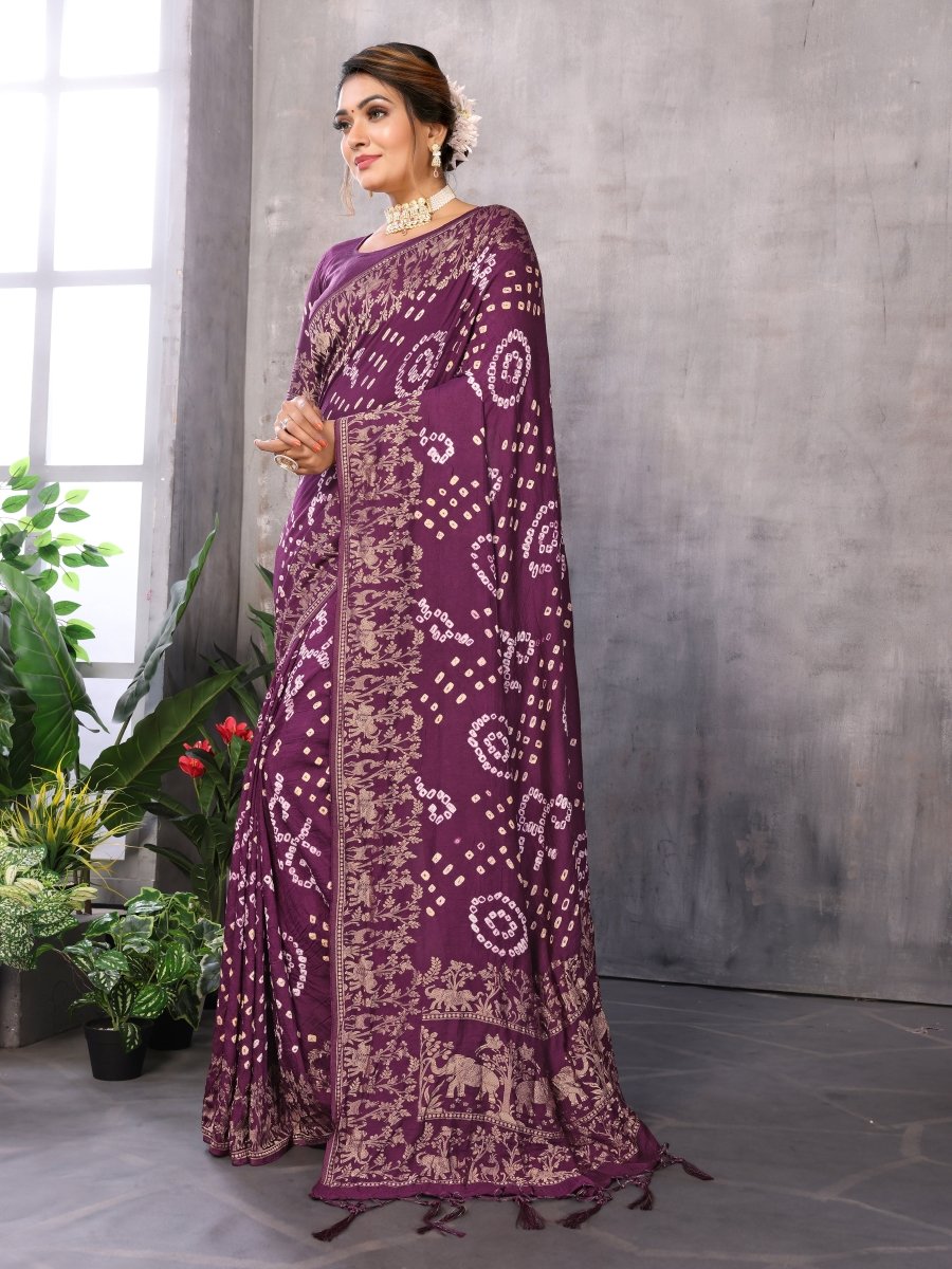 Magenta Bandhani Saree with Golden Zari Elephant Motifs & Unstitched Blouse - CLOHI