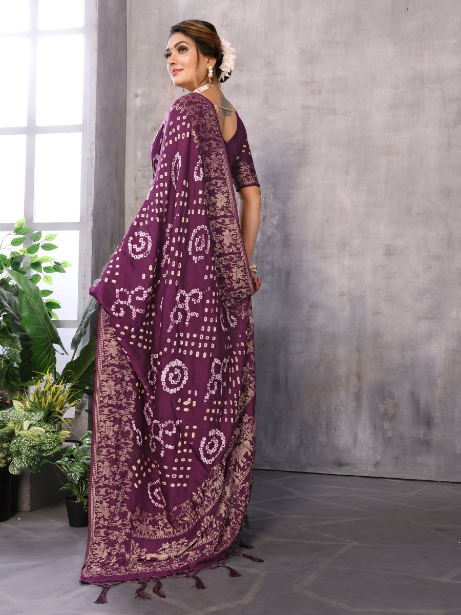 Magenta Bandhani Saree with Golden Zari Elephant Motifs & Unstitched Blouse - CLOHI