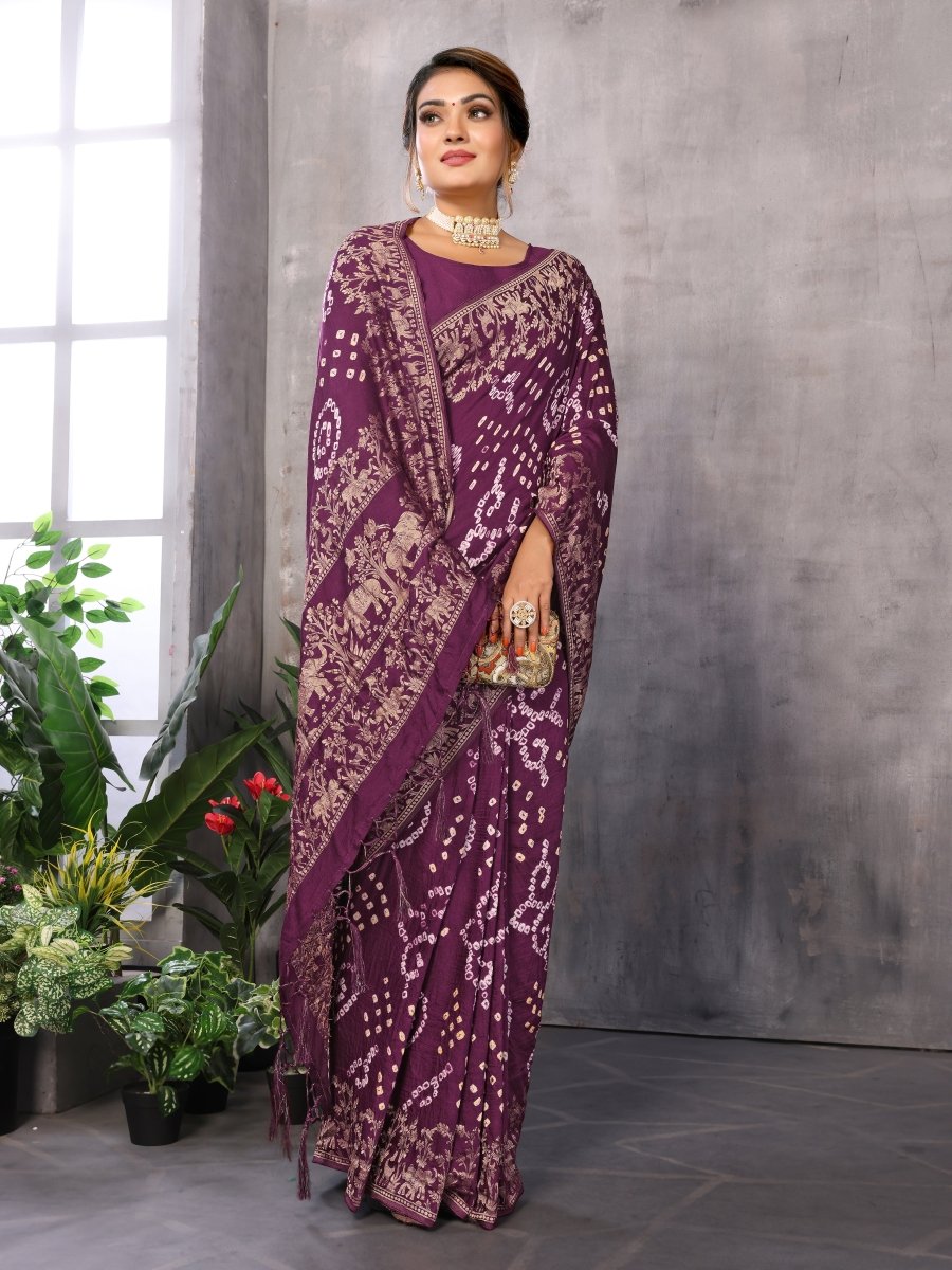 Magenta Bandhani Saree with Golden Zari Elephant Motifs & Unstitched Blouse - CLOHI