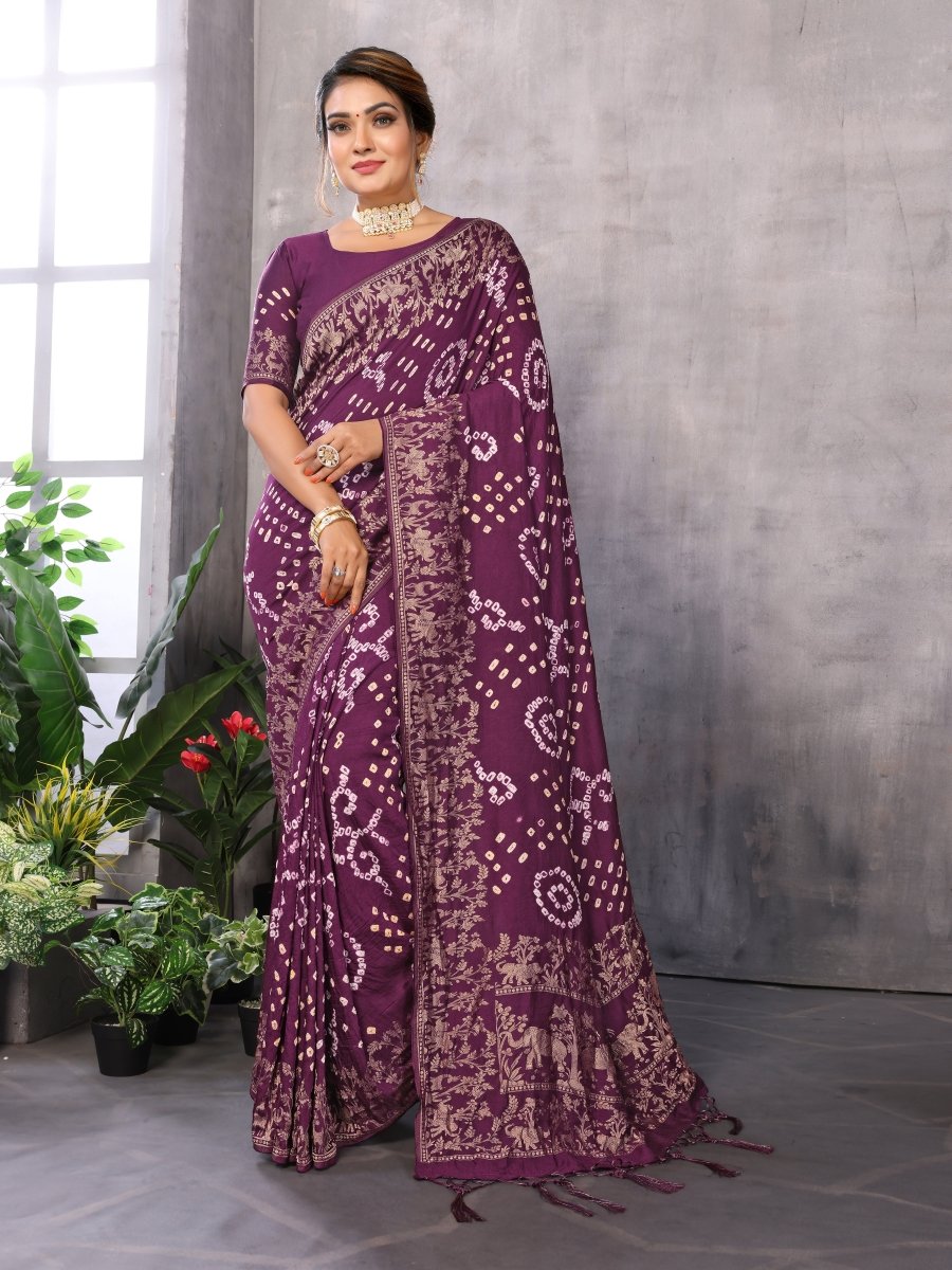 Magenta Bandhani Saree with Golden Zari Elephant Motifs & Unstitched Blouse - CLOHI