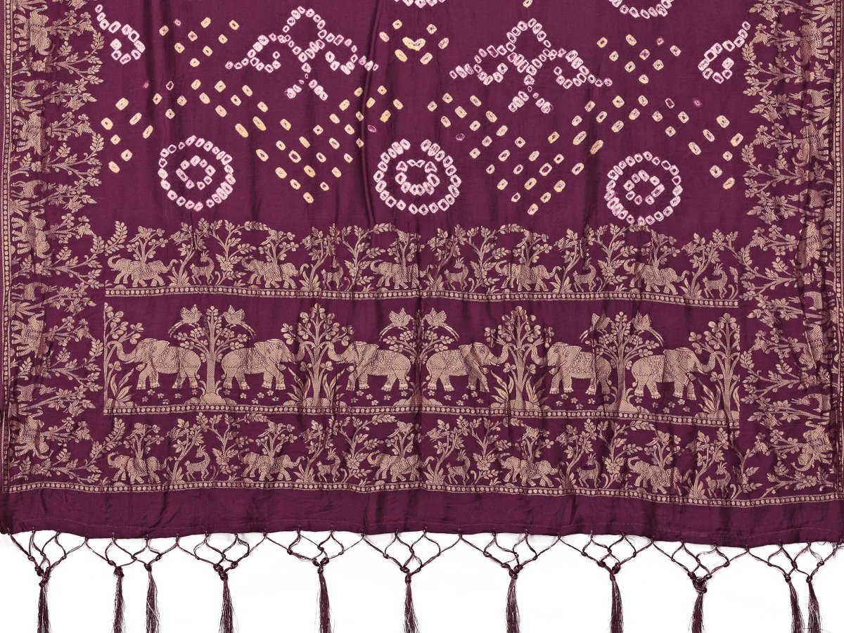 Magenta Bandhani Saree with Golden Zari Elephant Motifs & Unstitched Blouse - CLOHI