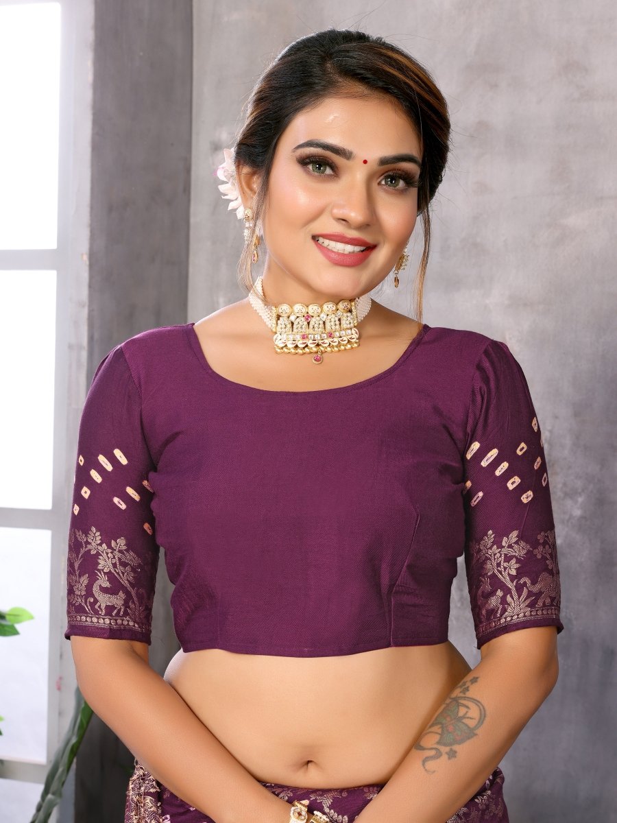 Magenta Bandhani Saree with Golden Zari Elephant Motifs & Unstitched Blouse - CLOHI