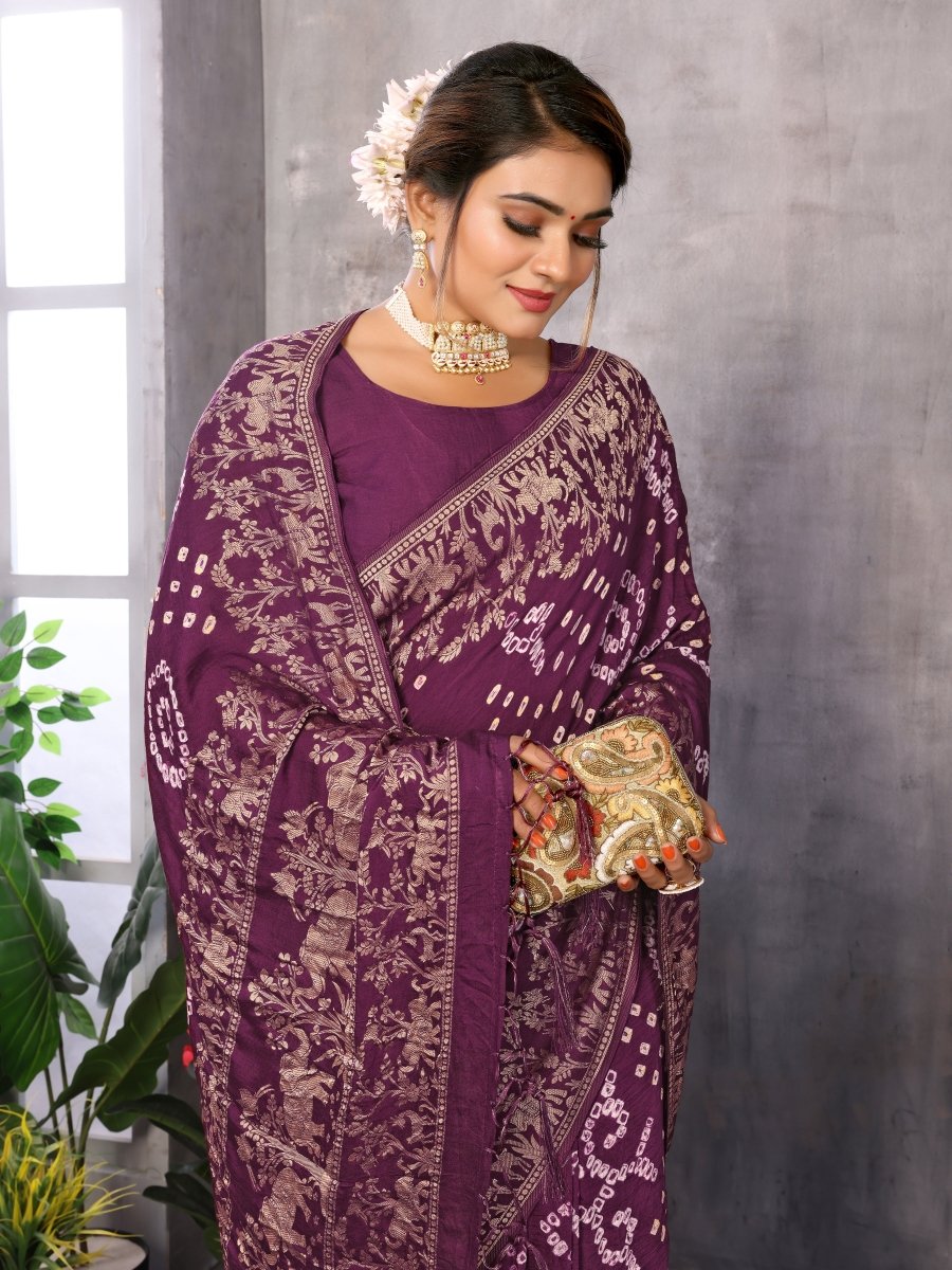 Magenta Bandhani Saree with Golden Zari Elephant Motifs & Unstitched Blouse - CLOHI