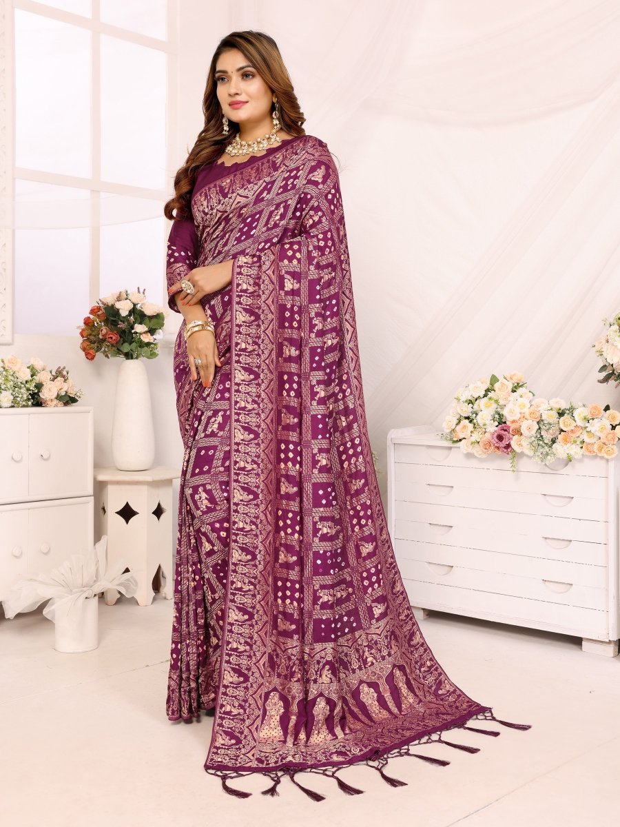 Magenta Bandhani Saree with Rajasthani Figurative Motifs & Traditional Zari Weave - CLOHI
