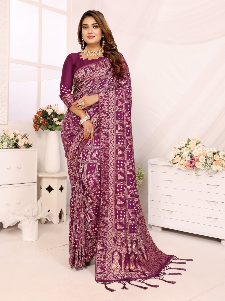 Magenta Bandhani Saree with Rajasthani Figurative Motifs & Traditional Zari Weave - CLOHI