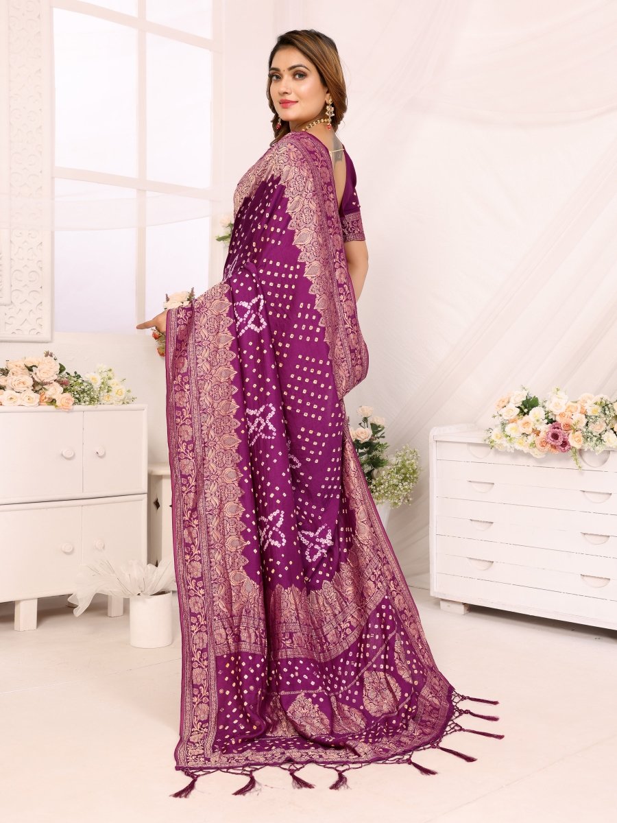 Magenta Bandhani Saree with Zari Floral Buta and Paisley Weaving - CLOHI