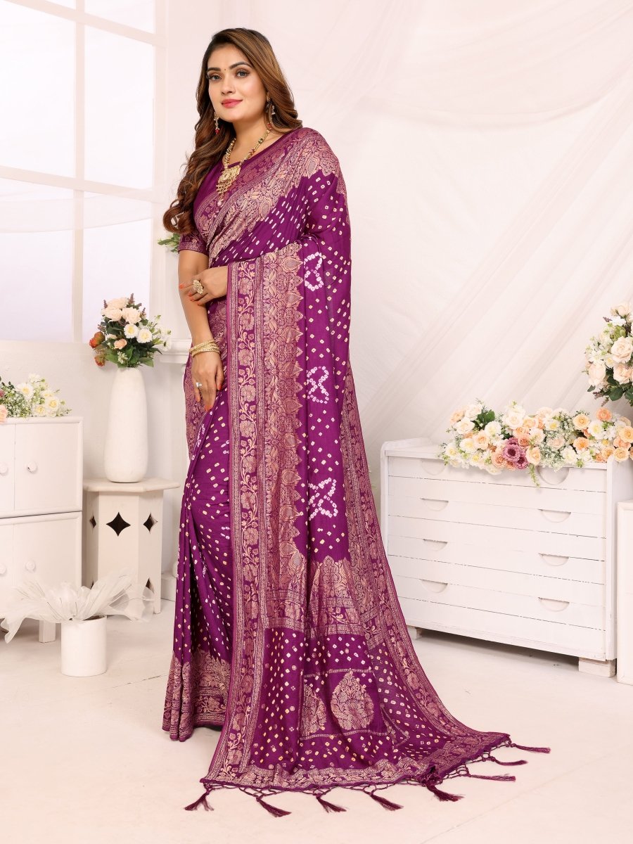 Magenta Bandhani Saree with Zari Floral Buta and Paisley Weaving - CLOHI