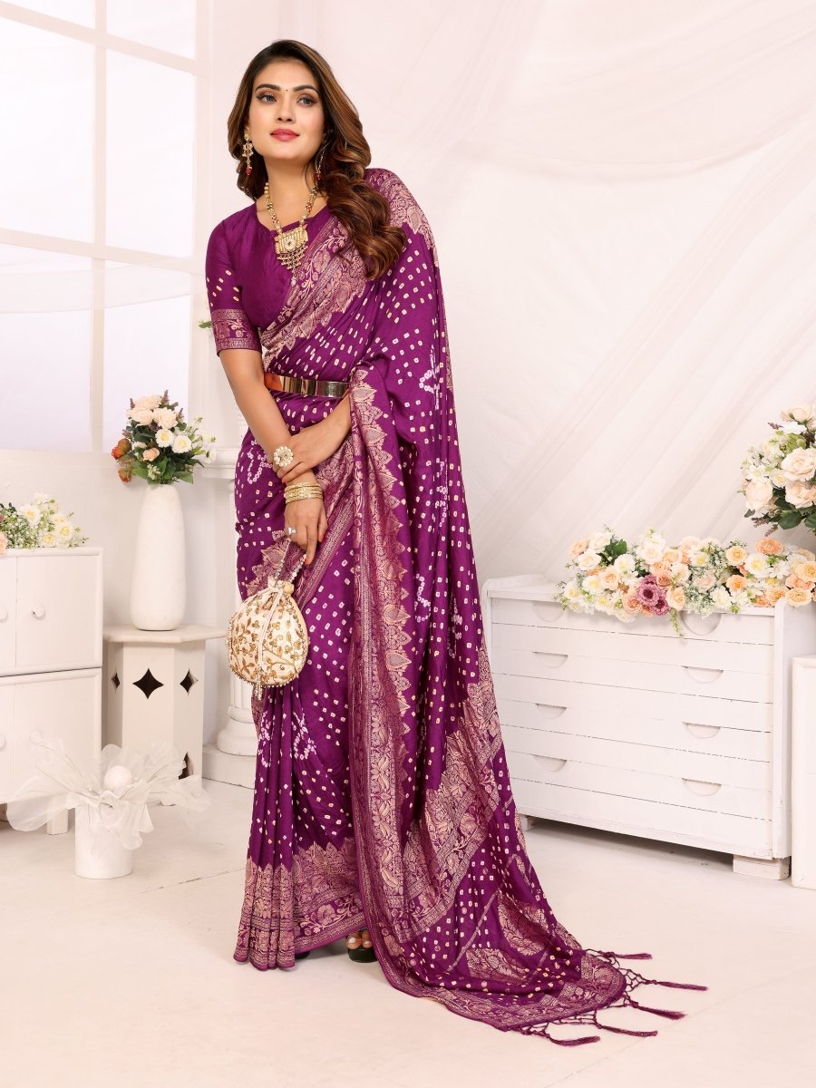 Magenta Bandhani Saree with Zari Floral Buta and Paisley Weaving - CLOHI