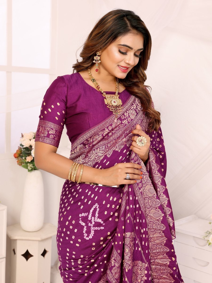 Magenta Bandhani Saree with Zari Floral Buta and Paisley Weaving - CLOHI