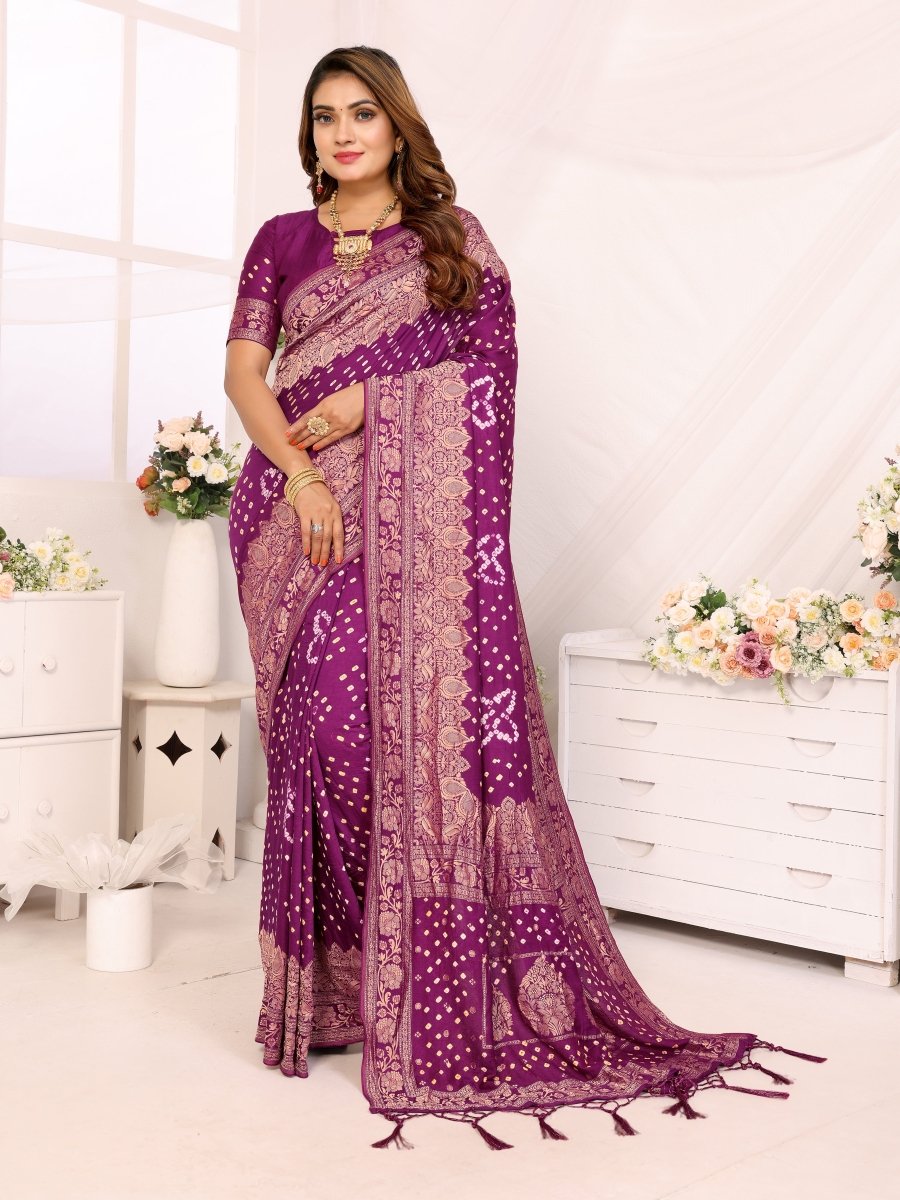 Magenta Bandhani Saree with Zari Floral Buta and Paisley Weaving - CLOHI