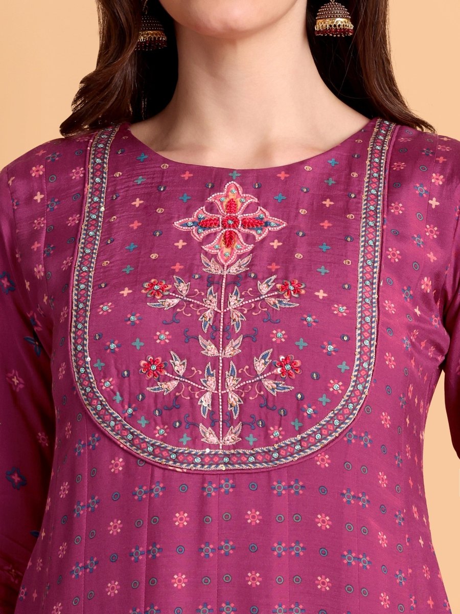 Magenta Floral Anarkali Kurta Set with Hand Embroidery - CLOHI