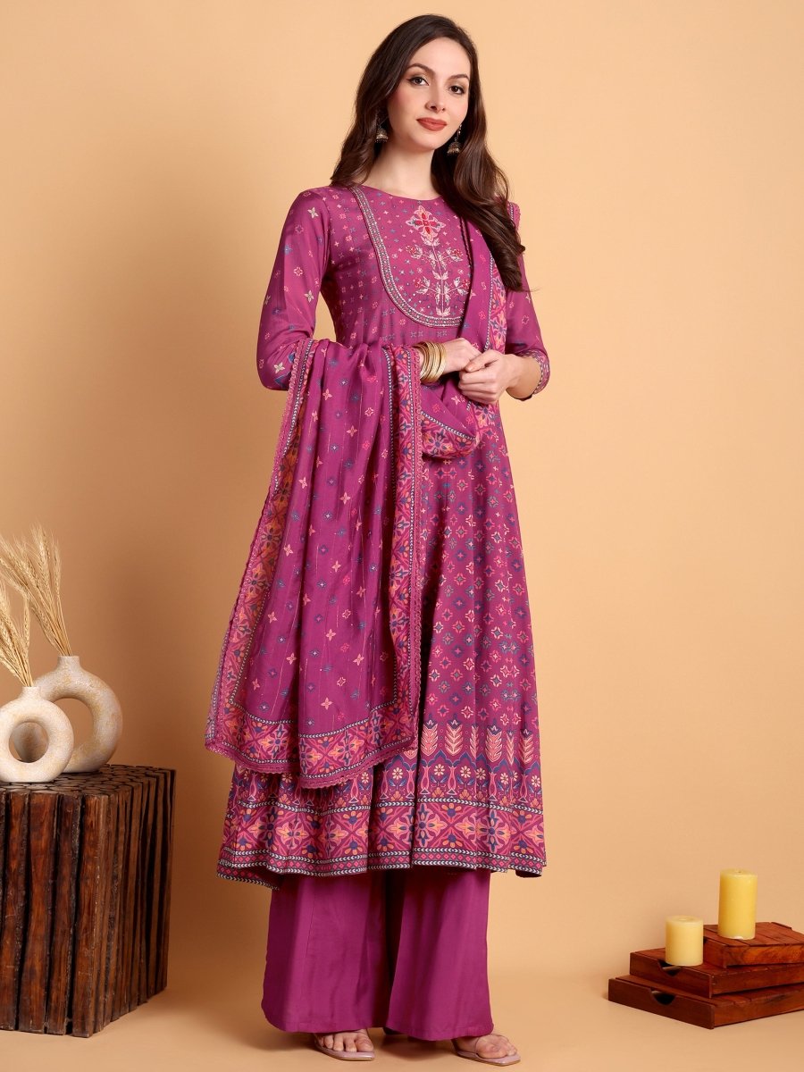 Magenta Floral Anarkali Kurta Set with Hand Embroidery - CLOHI