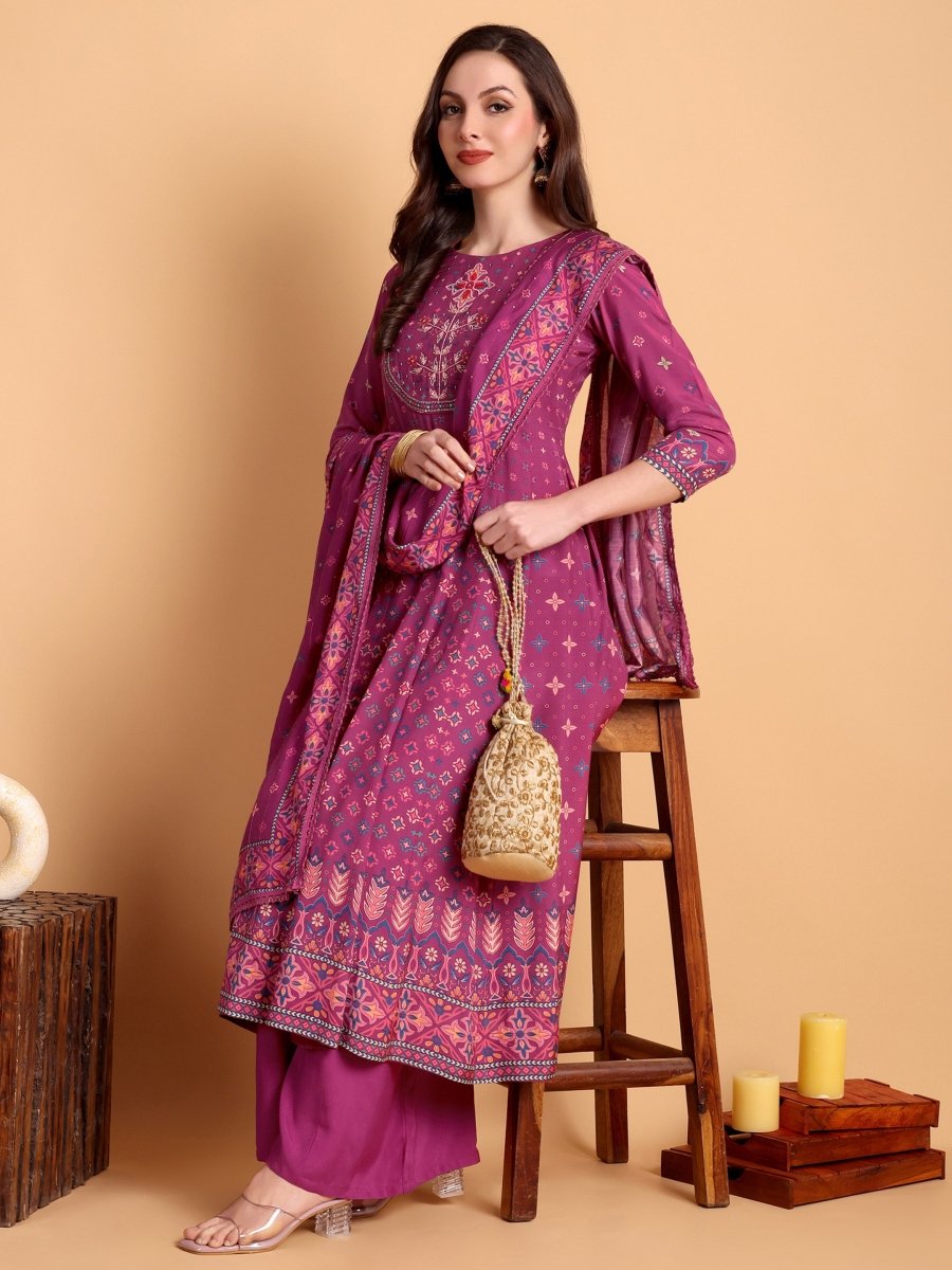 Magenta Floral Anarkali Kurta Set with Hand Embroidery - CLOHI