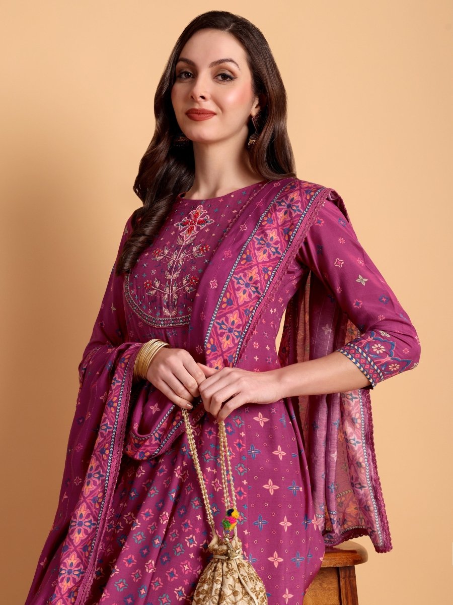 Magenta Floral Anarkali Kurta Set with Hand Embroidery - CLOHI