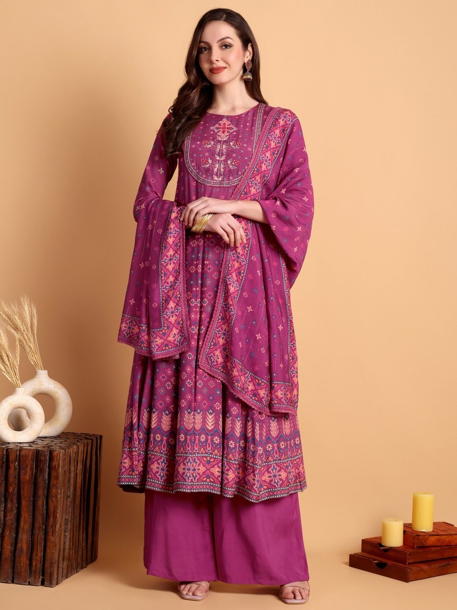 Magenta Floral Anarkali Kurta Set with Hand Embroidery - CLOHI