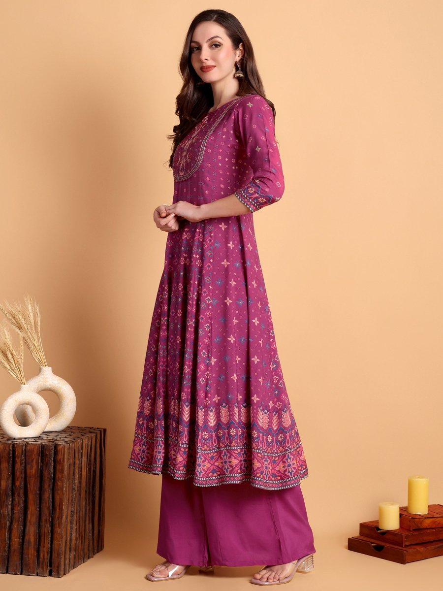 Magenta Floral Anarkali Kurta Set with Hand Embroidery - CLOHI