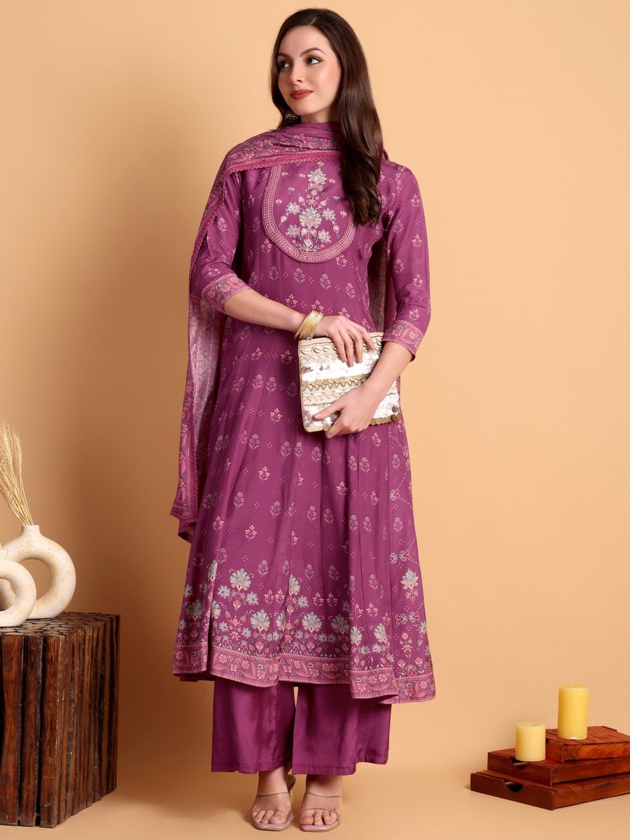 Magenta Floral Anarkali Set with Embroidered Yoke | Festive Ethnic Wear - CLOHI