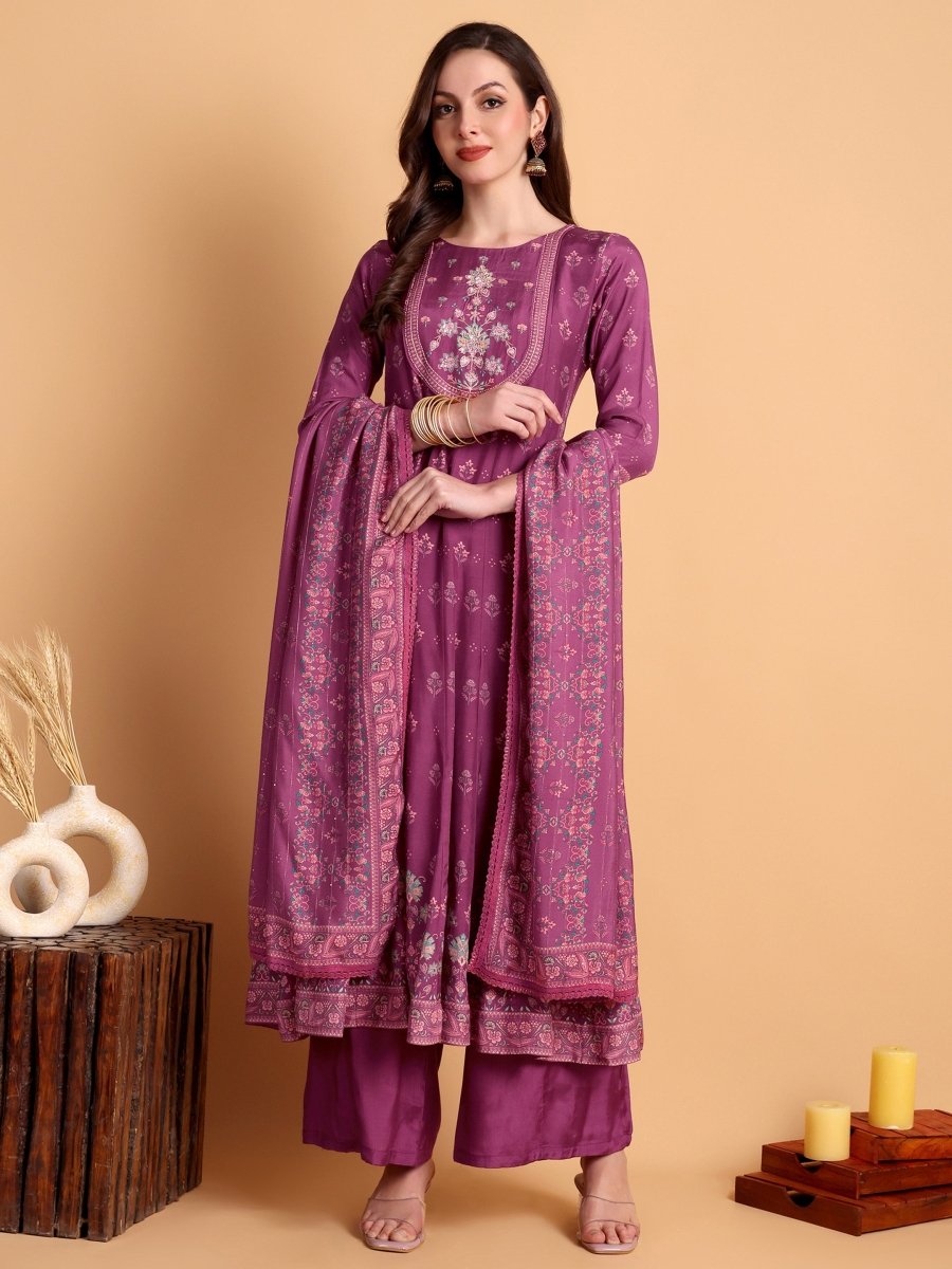 Magenta Floral Anarkali Set with Embroidered Yoke | Festive Ethnic Wear - CLOHI