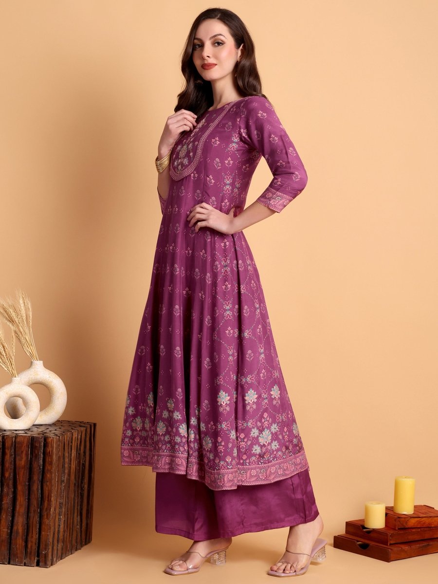 Magenta Floral Anarkali Set with Embroidered Yoke | Festive Ethnic Wear - CLOHI