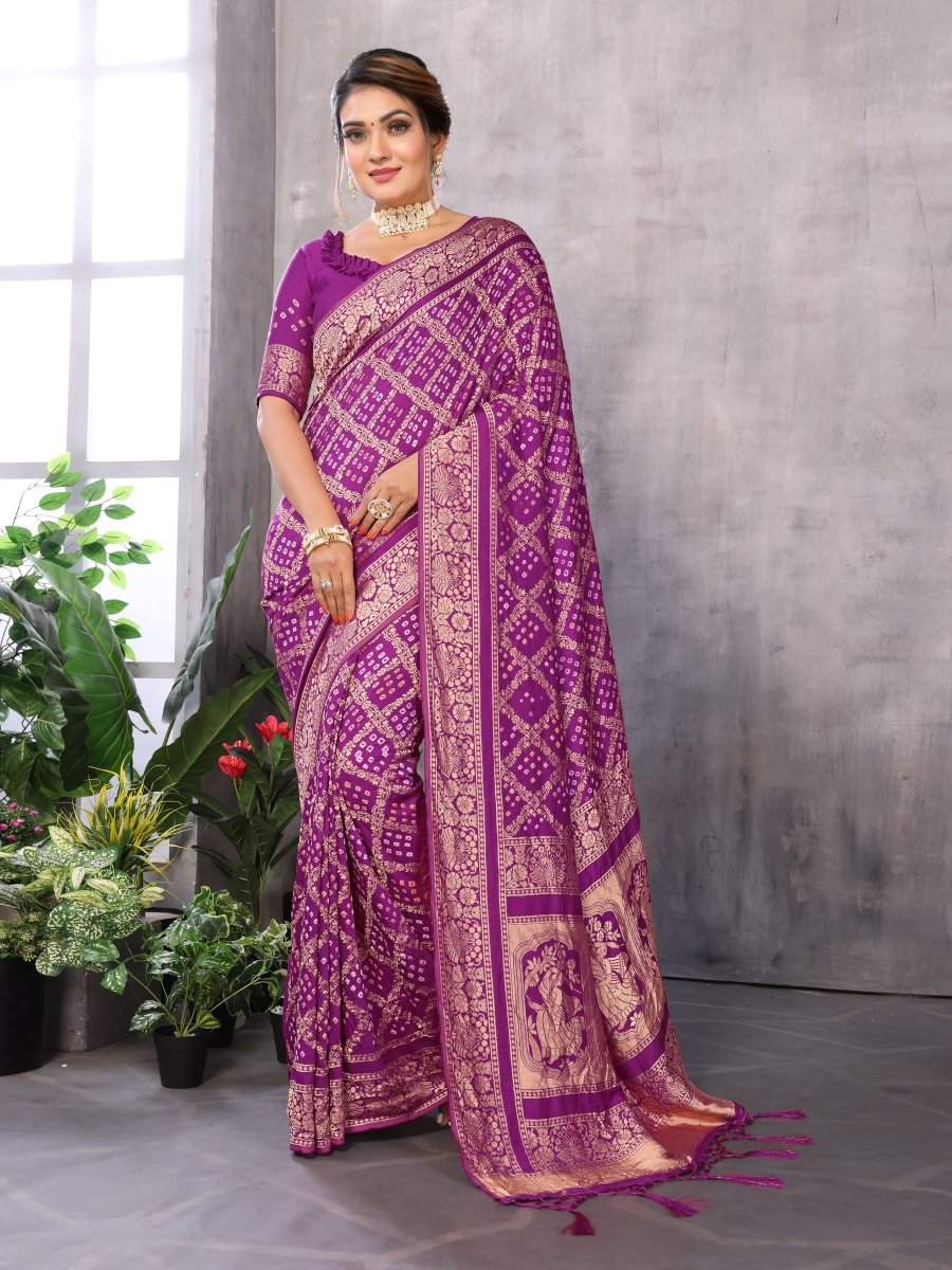 Magenta Jacquard Zari Hand Bandhani Saree with Traditional Dandiya Motif - CLOHI