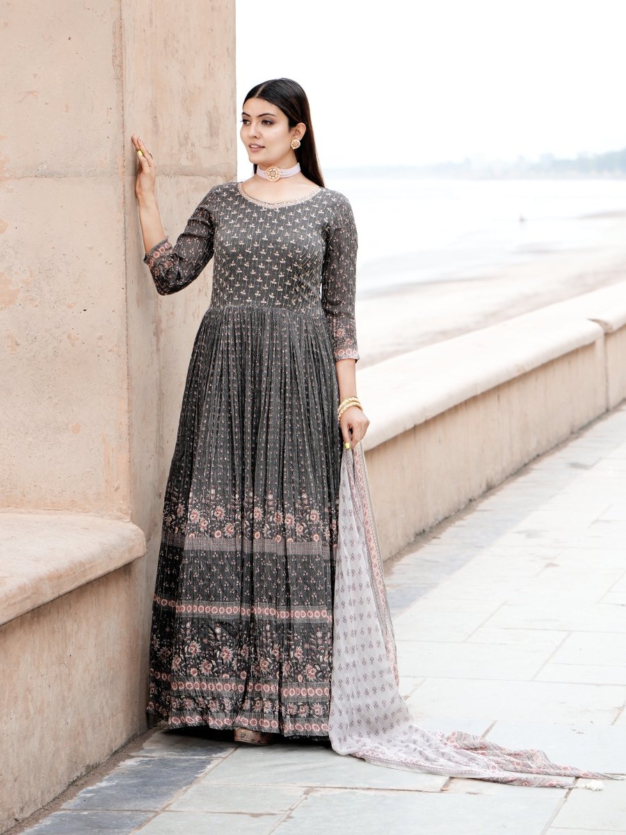 Mahendi Green Chinon Anarkali Gown with Grey Dupatta - CLOHI