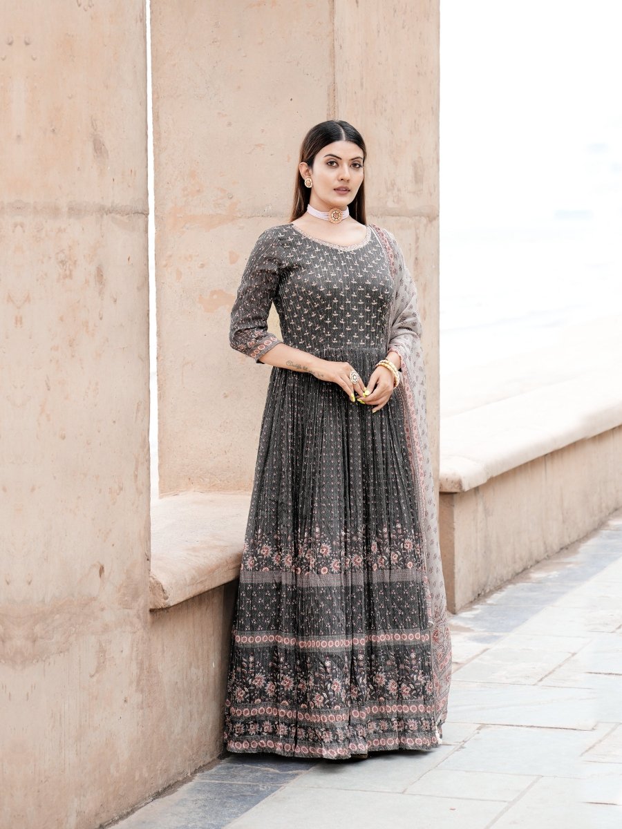 Mahendi Green Chinon Anarkali Gown with Grey Dupatta - CLOHI