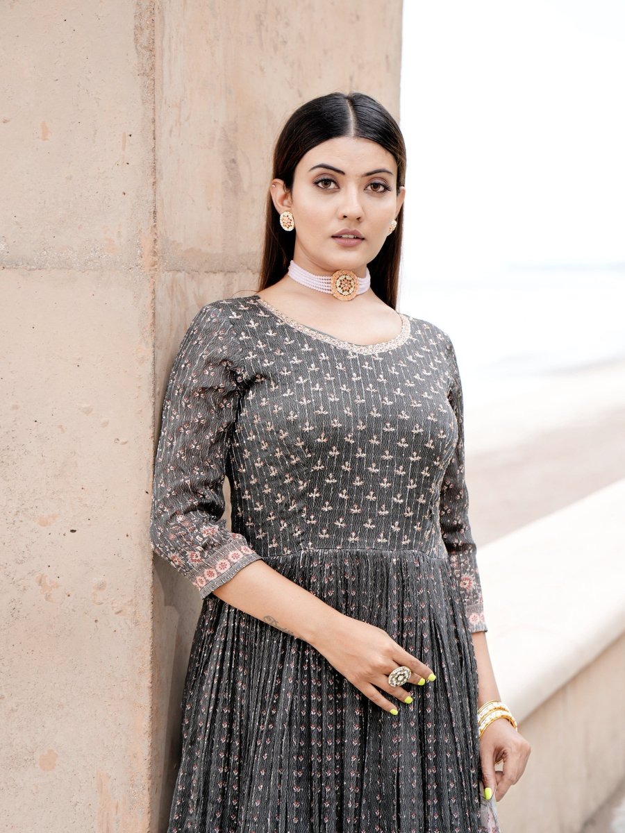 Mahendi Green Chinon Anarkali Gown with Grey Dupatta - CLOHI