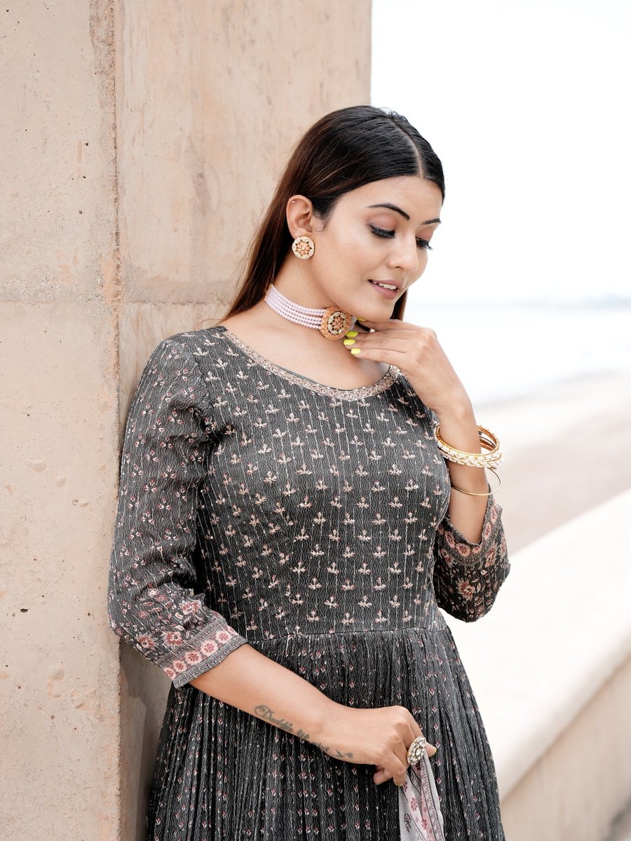 Mahendi Green Chinon Anarkali Gown with Grey Dupatta - CLOHI