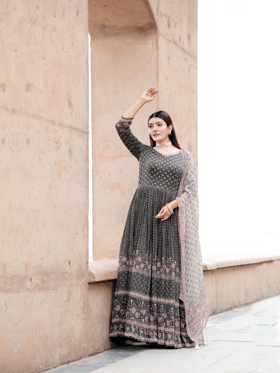 Mahendi Green Chinon Anarkali Gown with Grey Dupatta - CLOHI