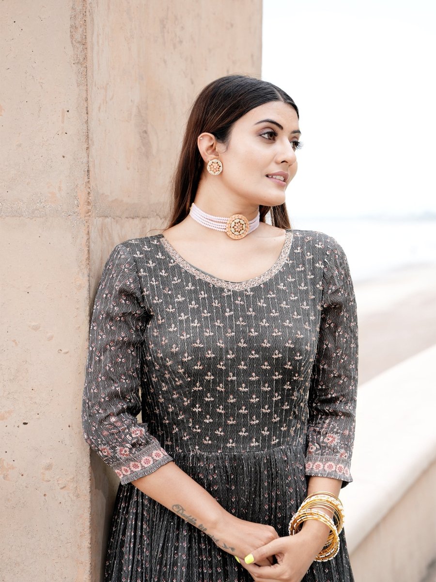 Mahendi Green Chinon Anarkali Gown with Grey Dupatta - CLOHI