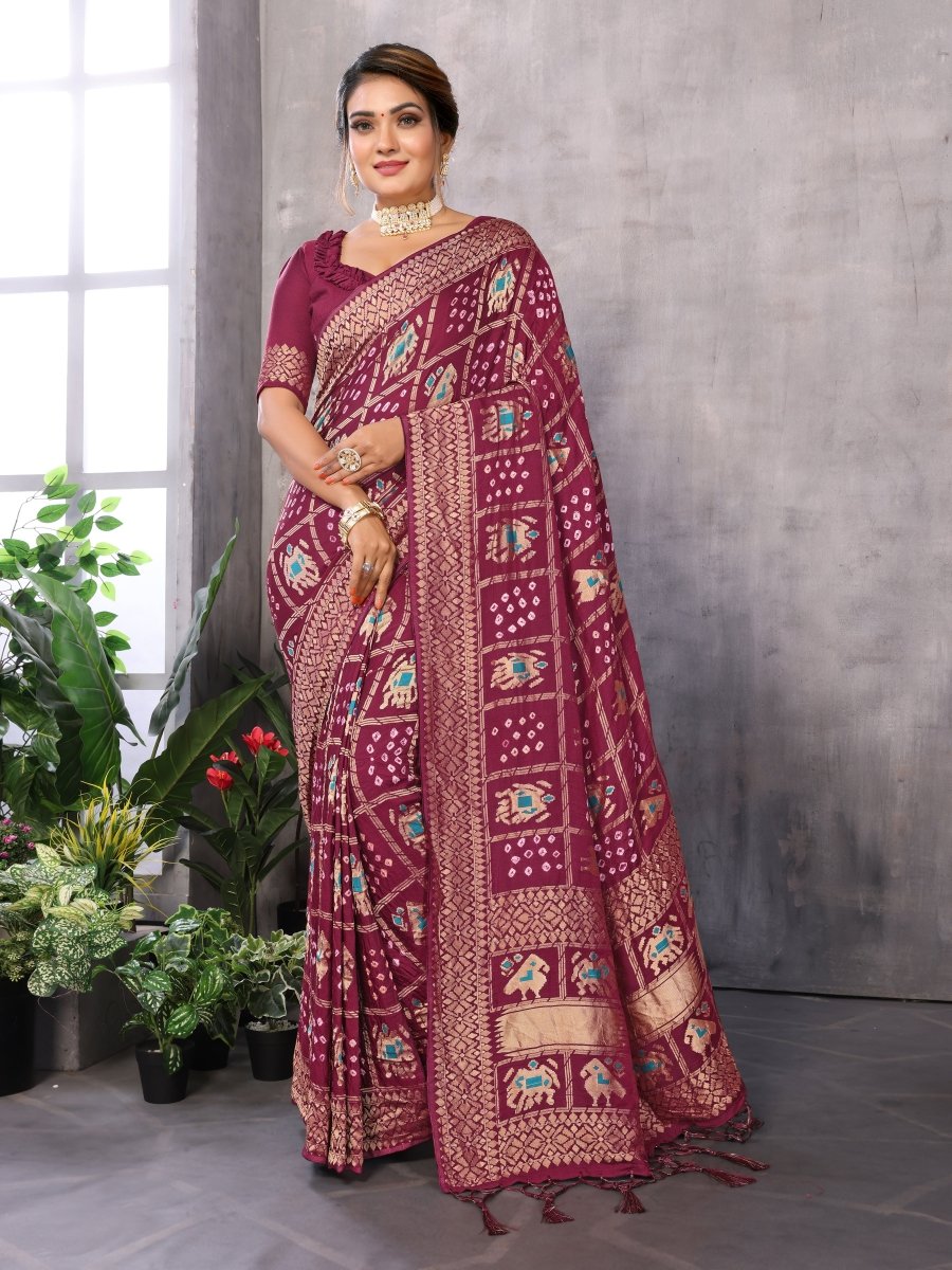 Maroon Bandhani Saree with Patola Elephant & Parrot Ikat Weave - CLOHI