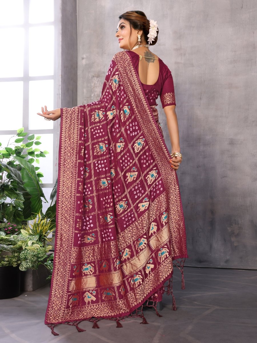 Maroon Bandhani Saree with Patola Elephant & Parrot Ikat Weave - CLOHI