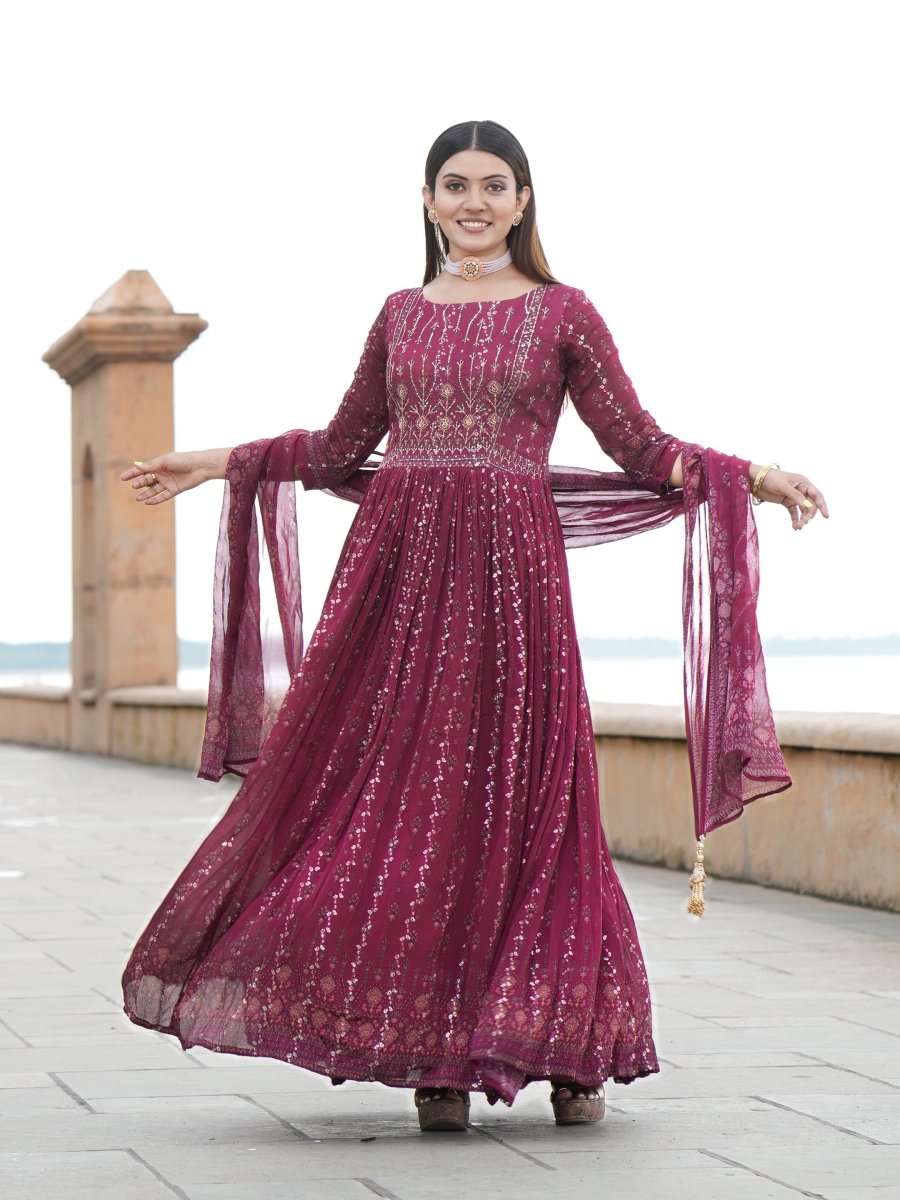Maroon Embroidered Chinon Anarkali Gown with Dupatta - CLOHI