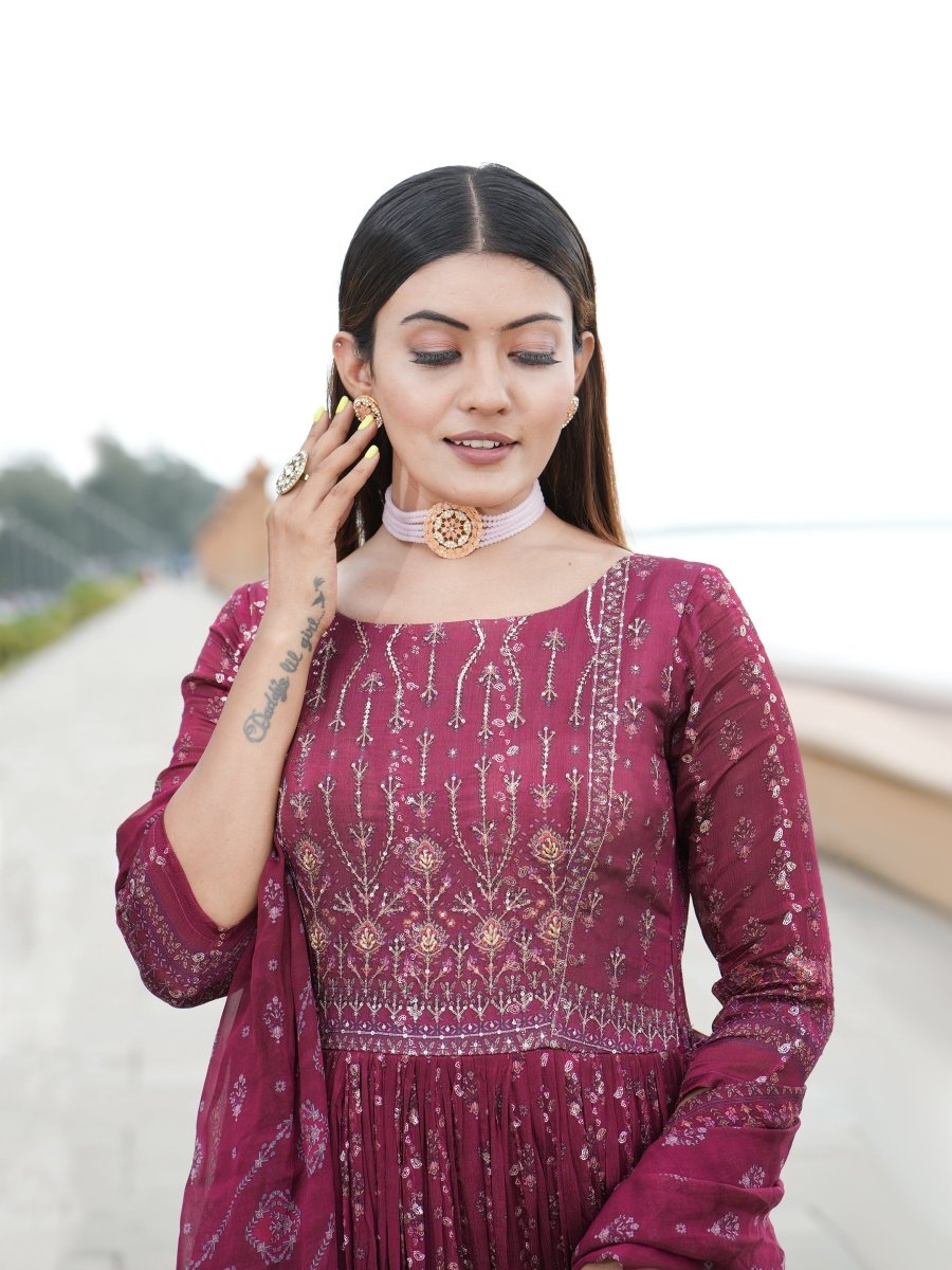Maroon Embroidered Chinon Anarkali Gown with Dupatta - CLOHI
